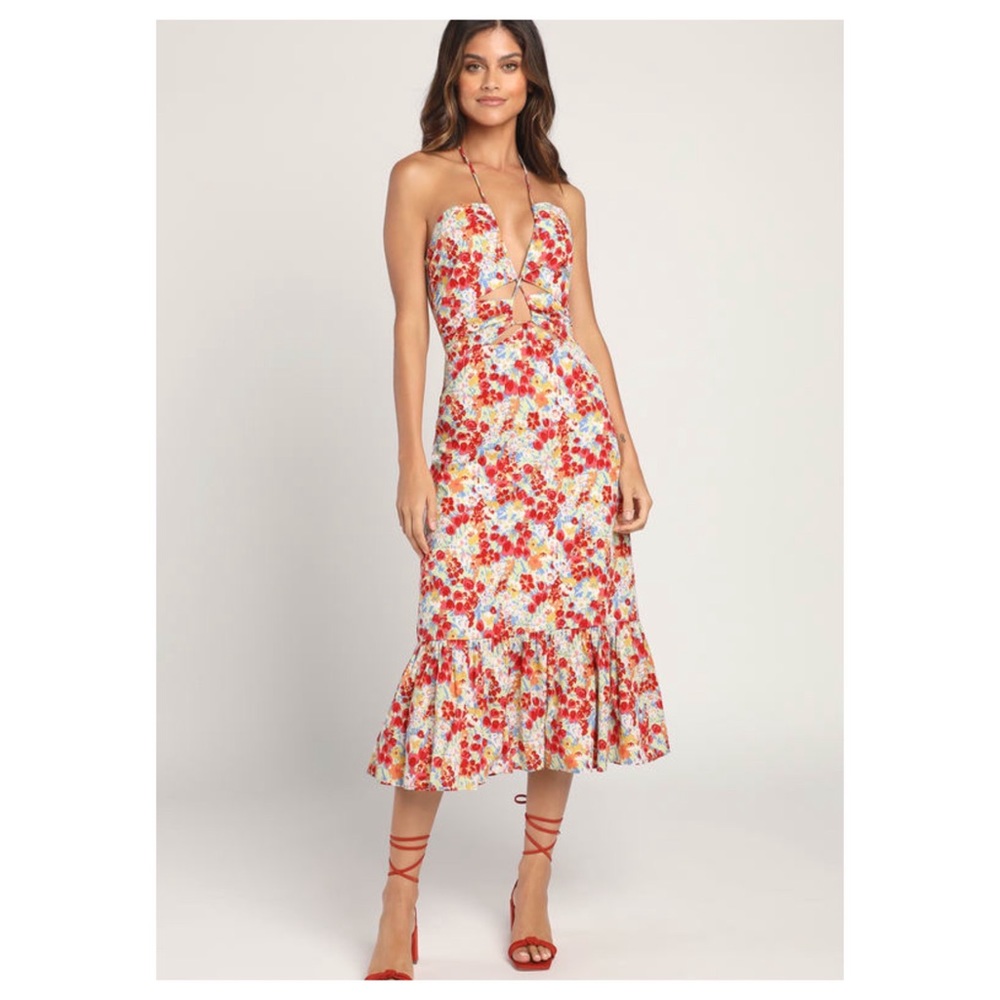 Lulus Multi Floral Drawstring Halter Midi Dress (medium)